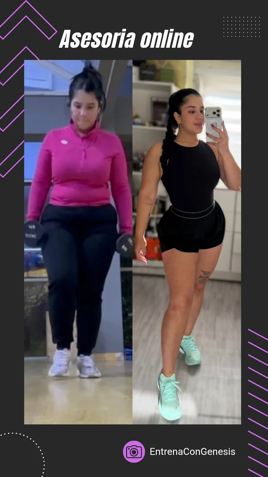 Para esta entrenada realizamos una recomposicion corporal la cual se basa en bajar el % de grasa e ir creando masa muscular, diseñamos un plan de entrenamiento que se adapto a sus necesidades y condiciones físicas🦍💖✨️
